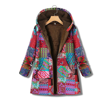 Printed cotton linen Hooded Coat zipper Limorista