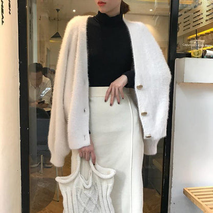 V-Neck Knitted Cardigan Button Mink Like Coat Limorista