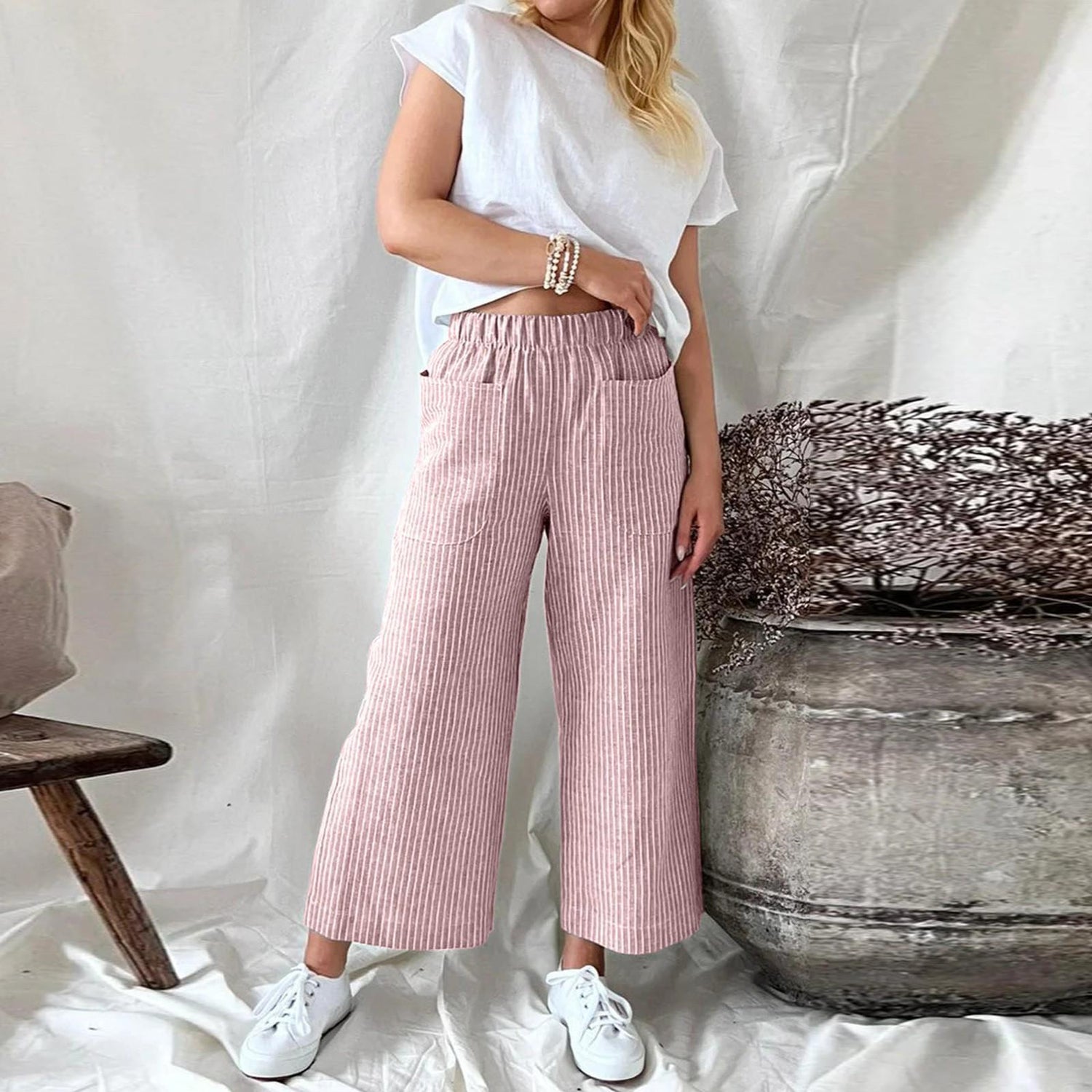 Loose Striped Cotton And Linen Fashion Casual Wide-leg Pants Limorista