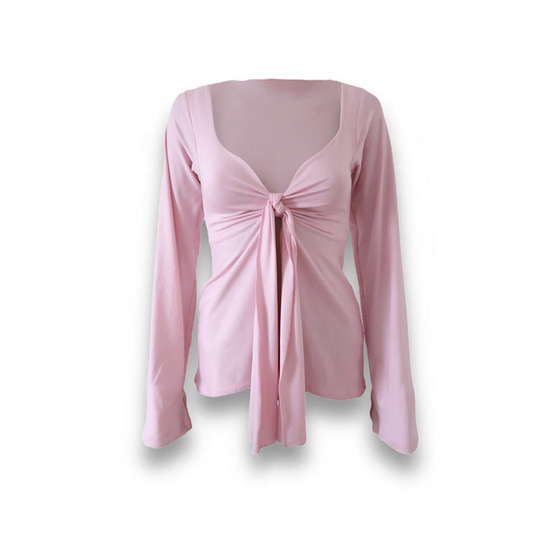 Solid Color Twisted Bell Sleeve Split Midriff-baring Top T-shirt Limorista