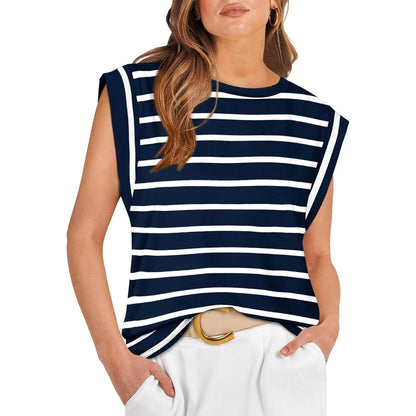Round Neck Loose Short Sleeves Striped Top For Women Limorista