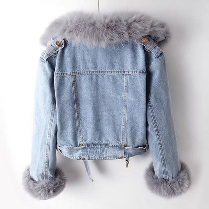 Detachable Fox Fur Rabbit Fur Liner Denim Coat Limorista