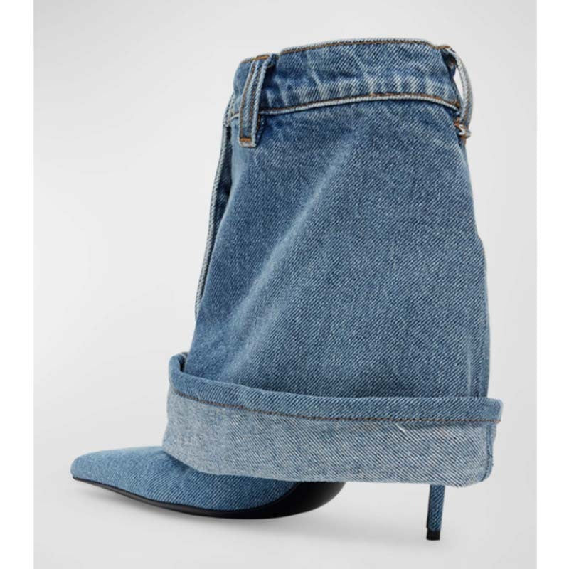 Pointed-toe Washed Denim Pantskirt Stiletto Heel Ankle Boots Limorista