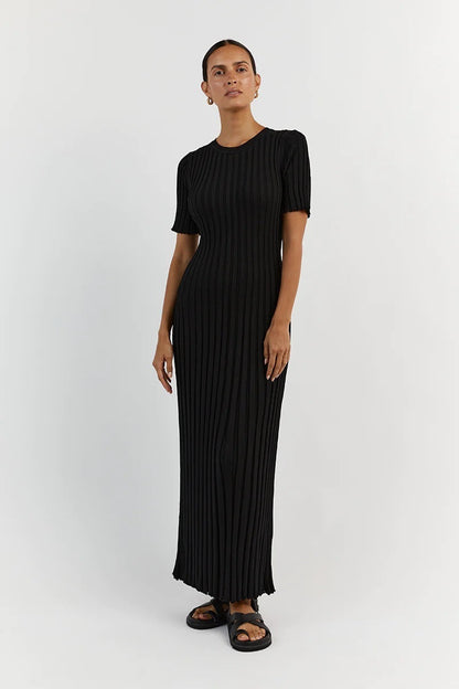 Knit Casual Tight Waist Round Neck Big Pit Stripe Slimming Knitted Long Dress Limorista