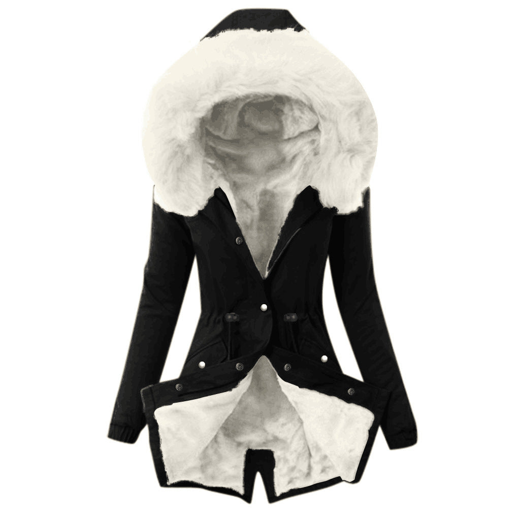 Fur collar drawstring solid color warm cotton coat Limorista