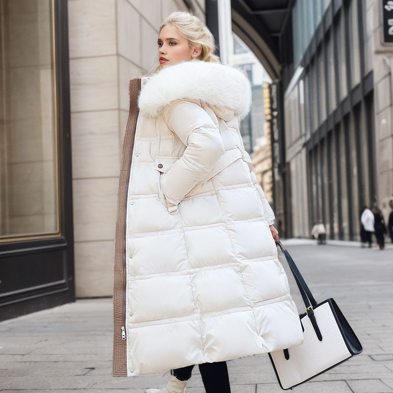 Winter Slim Long Jacket With Fur Hood And Belt Fashion Solid Hooded Coat Warm Clothing For Women Limorista