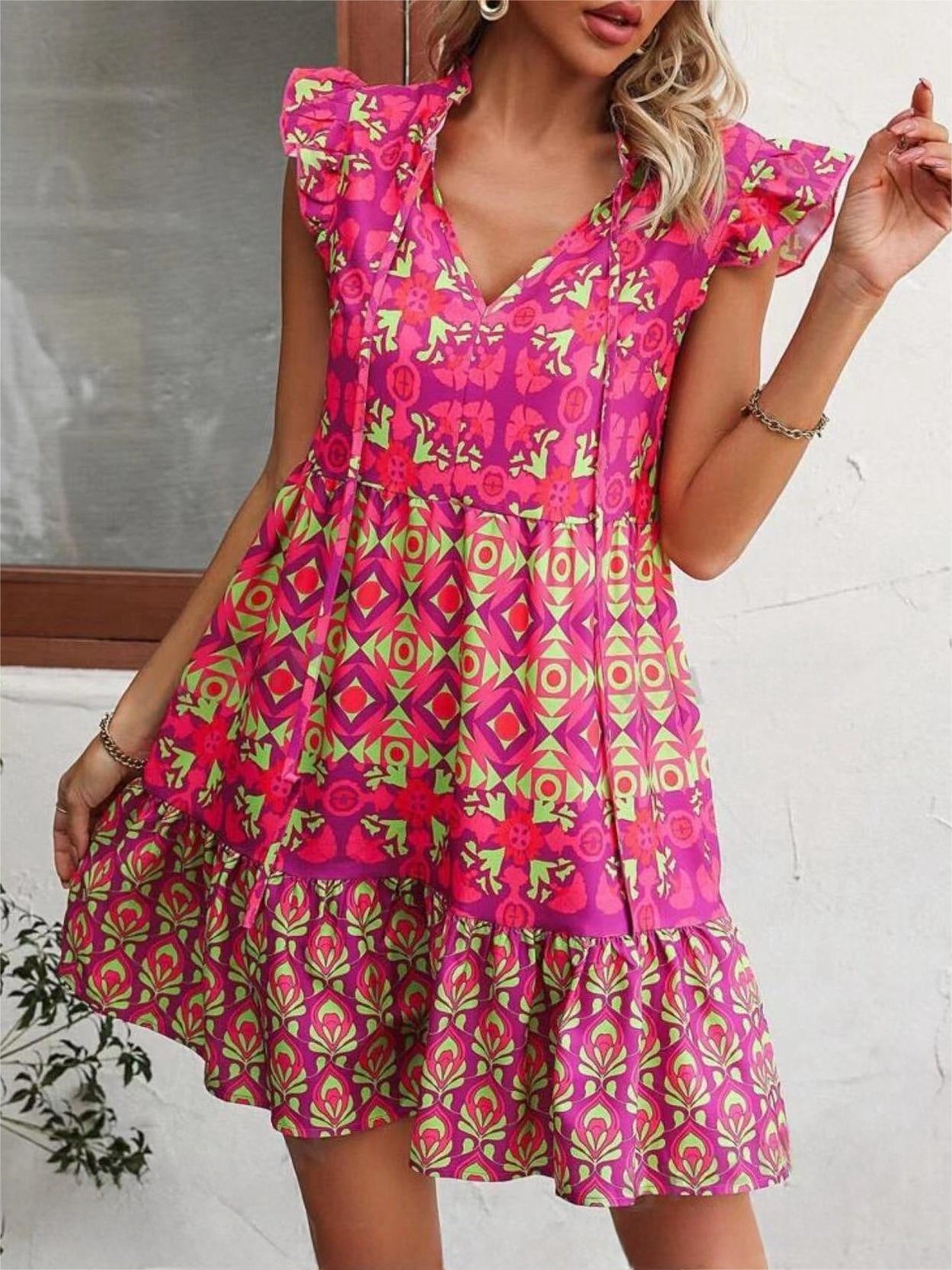 Printed Sleeveless Dress Summer Fashion V-Neck Lace-up Straight Dresses For Womens Clothing Limorista
