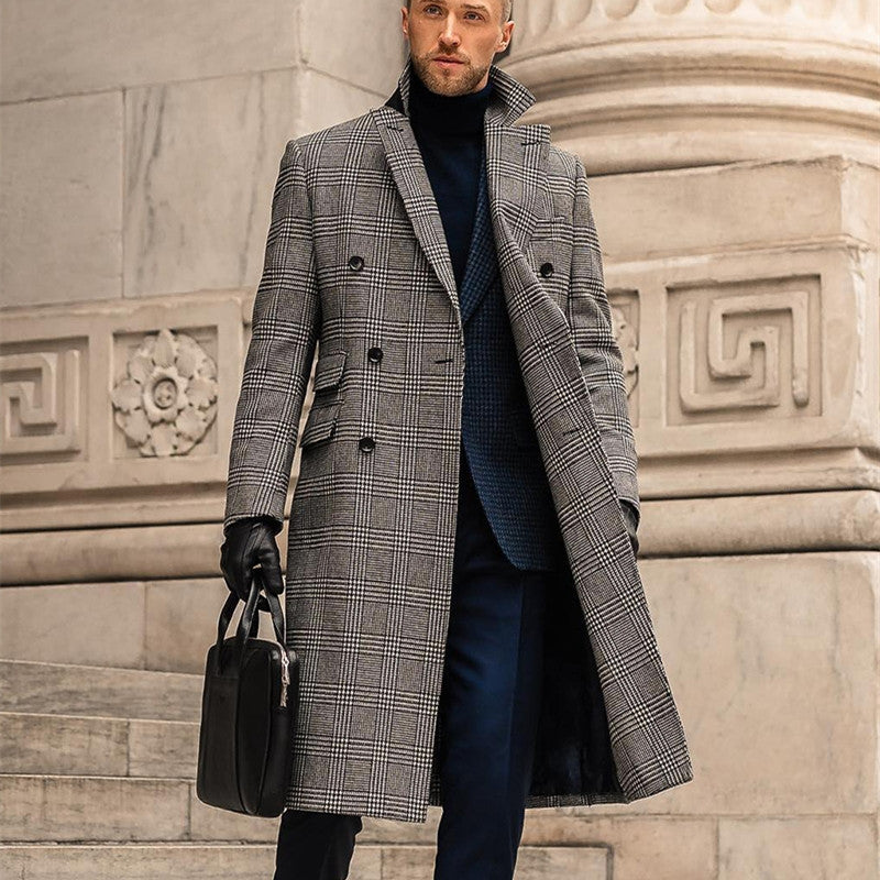 Full Wool Suit Collar Medium Length Double Breasted Checked Overcoat Limorista