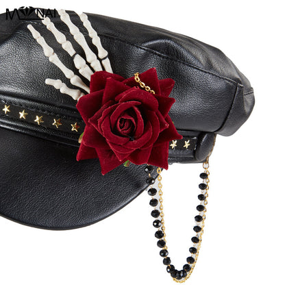 Steam Punk Goth Rose Bead Necklace Baseball Peaked Cap Skull Manual Alarm Bay Hat Limorista