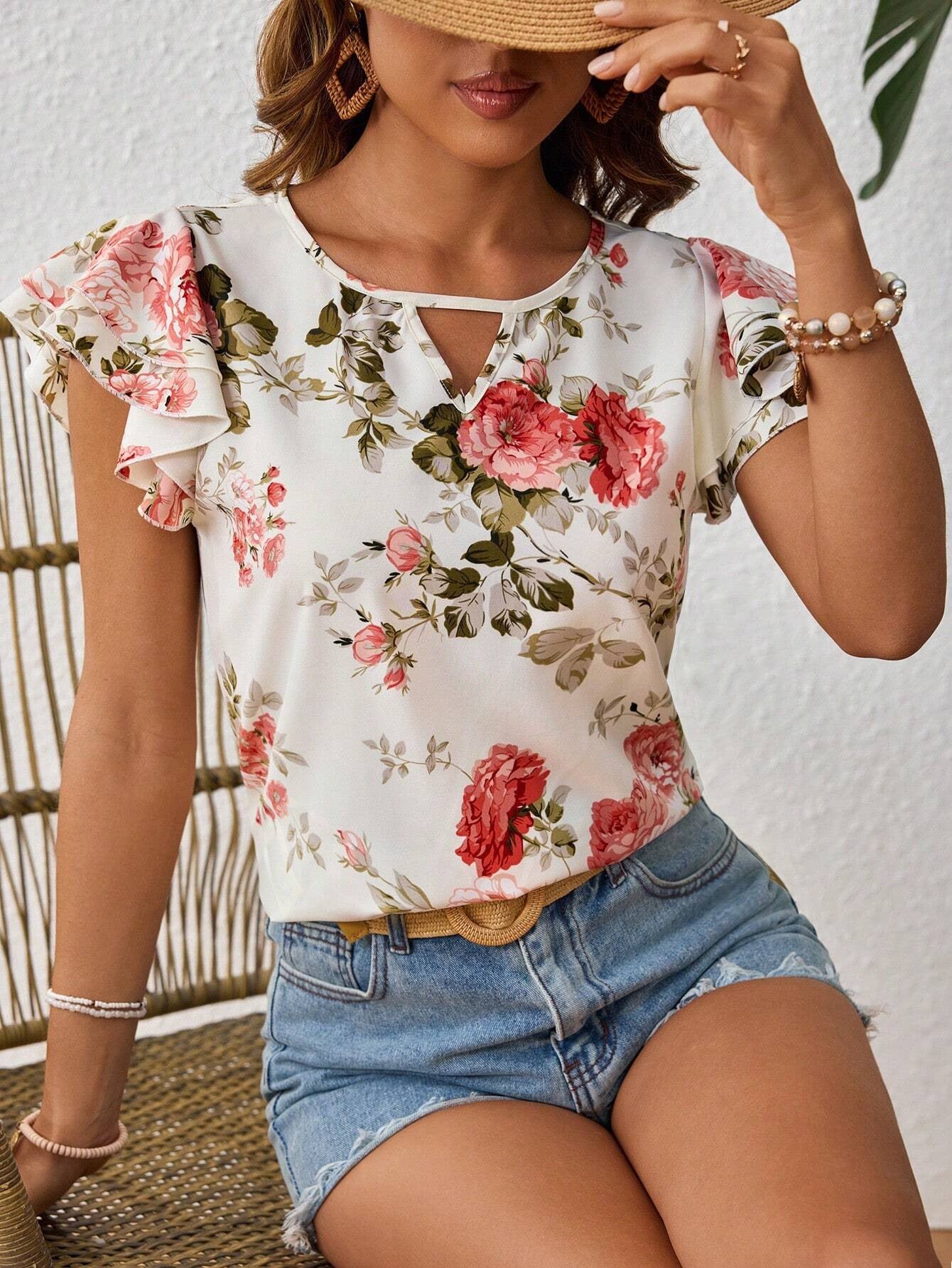 Floral Print Short Sleeve Shirt Summer Fashion Ruffled Tops Women&