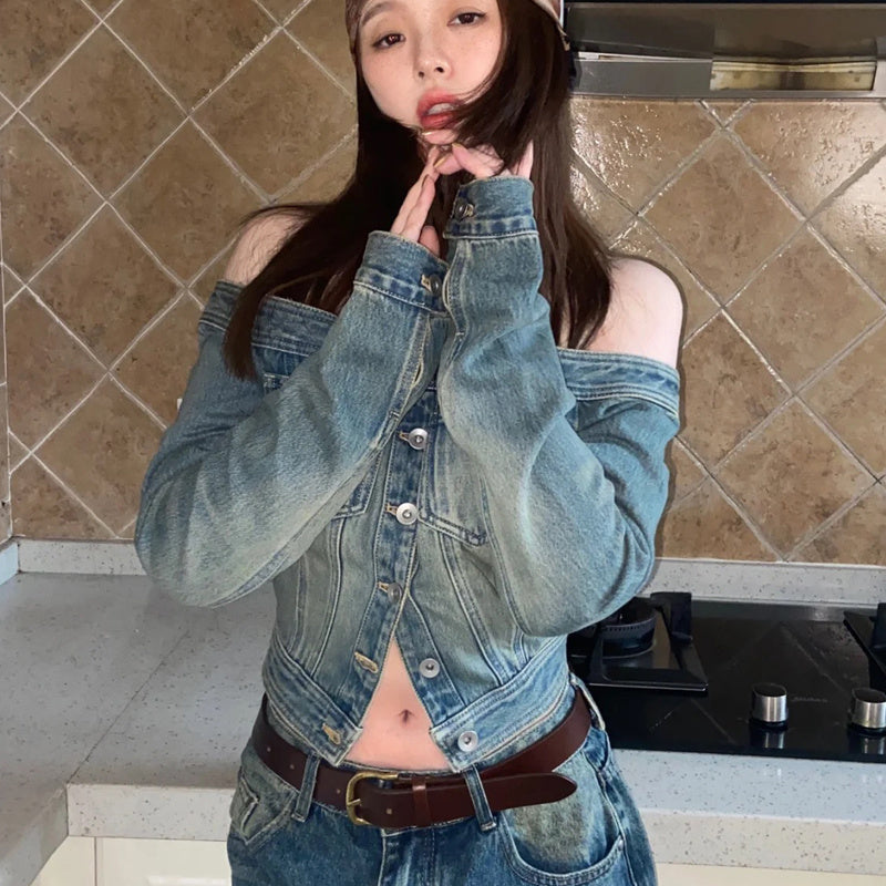 Off-shoulder Denim Long-sleeved Tops Slim-fit Short Version Limorista