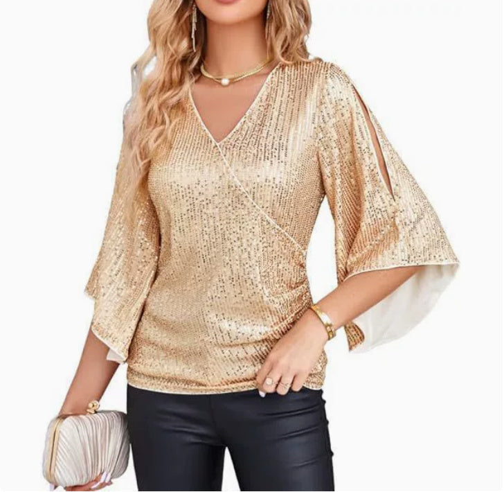 Loose Mid-length Sequined T-shirt Women&