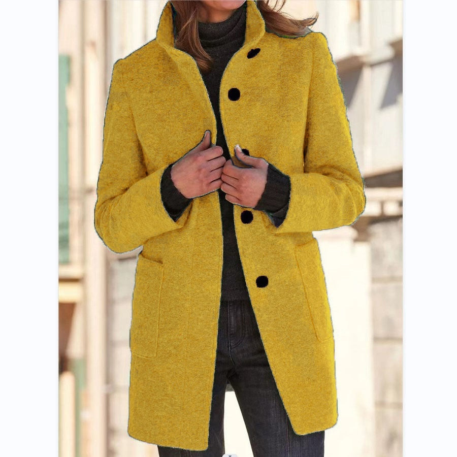 Fashion Stand Collar Woolen Coat With Pockets Fall Winter Casual Button Outwear For Women Clothing Limorista