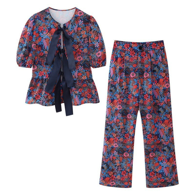 Flower Print Bowknot Decoration Short Sleeve Top Straight Casual Trousers Suit Limorista