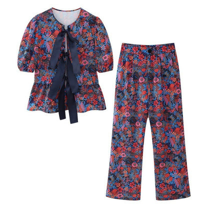 Flower Print Bowknot Decoration Short Sleeve Top Straight Casual Trousers Suit Limorista