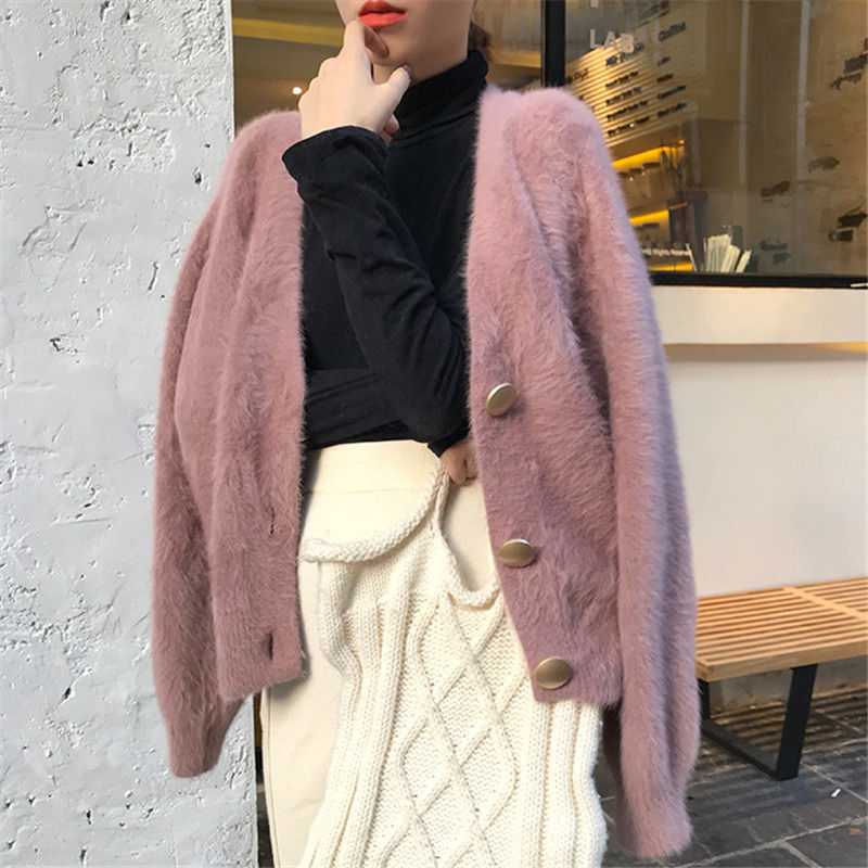 V-Neck Knitted Cardigan Button Mink Like Coat Limorista