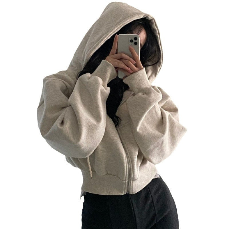 Velvet Padded All-matching Short Slim-fit Zipper Warm Navy Blue Hooded Sweater Limorista
