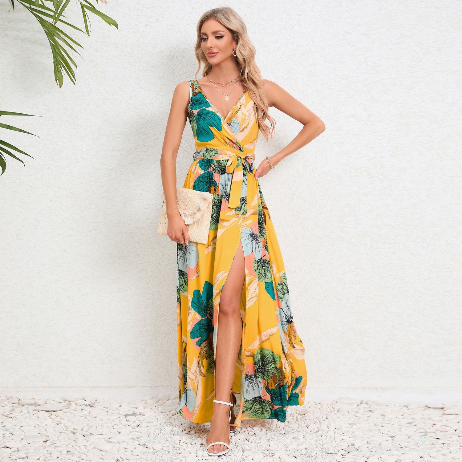 V-neck Floral Print Long Dress Summer Fashion Waist Tie Slit Design Sleeveless Dress For Womens Clothing Limorista