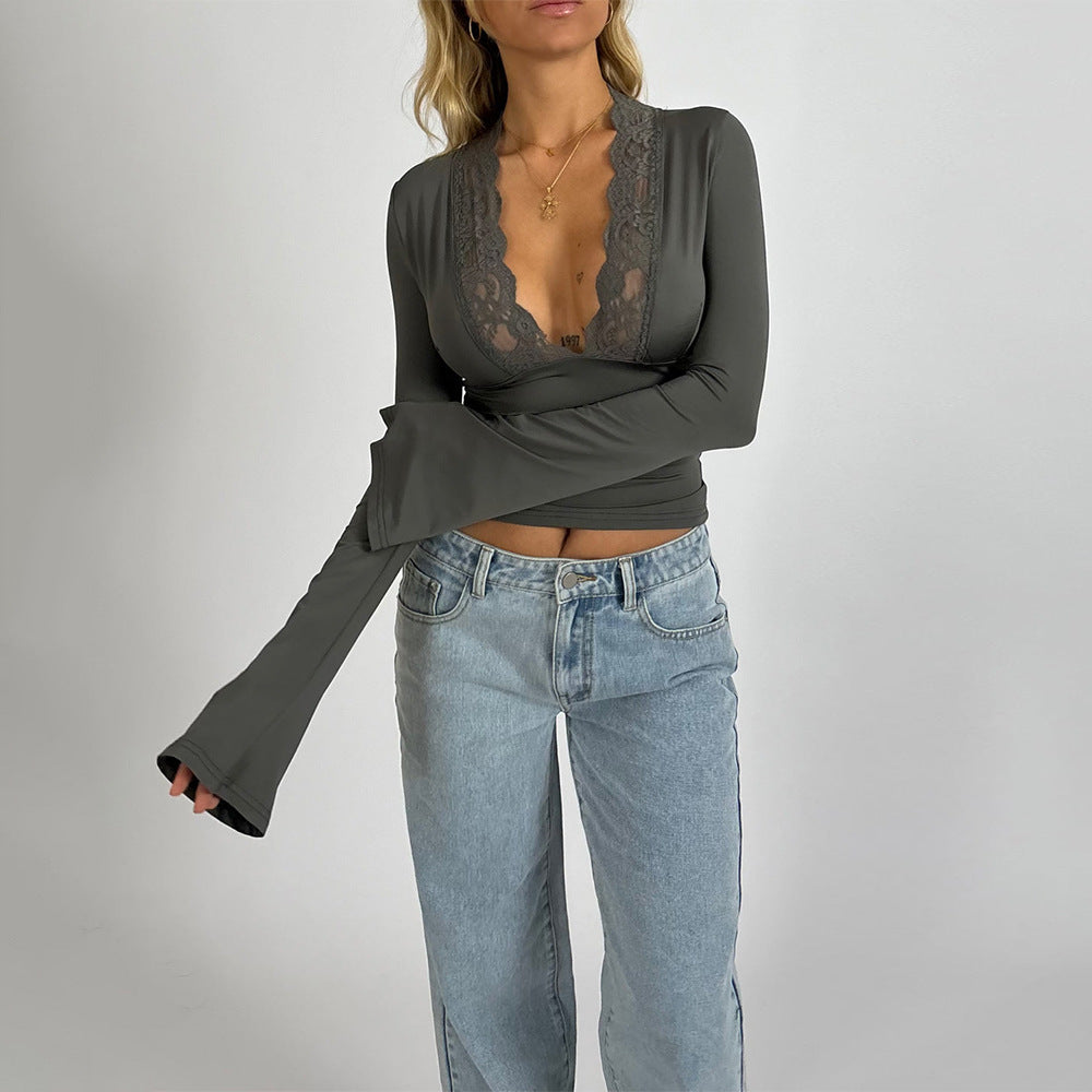 Bottoming Shirt Long Sleeve Slim Fit V-neck Stitching Lace Lace-collared Blouse Limorista