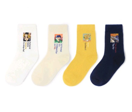 Autumn and winter retro socks personality English oil painting series in the tube socks literary abstract ladies cotton socks Limorista