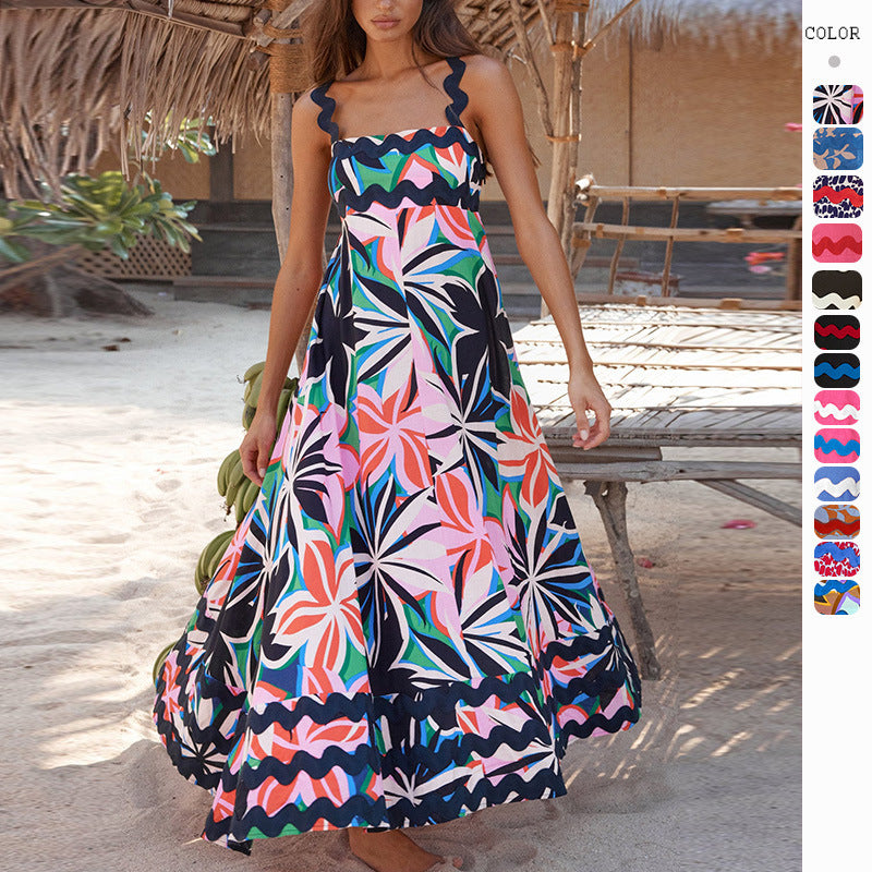 Flowers Print Wavy Pattern Suspender Long Dress For Women Fashion A-Line Beach Dresses Womens Clothing Limorista