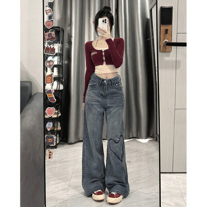 Love Embroidered Wide-leg Simple Casual Jeans Limorista