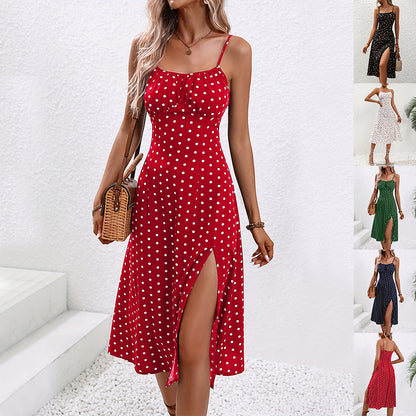 New Polka Dot Print Suspender Dress Summer Sexy Split Long Dresses For Womens Clothing Limorista