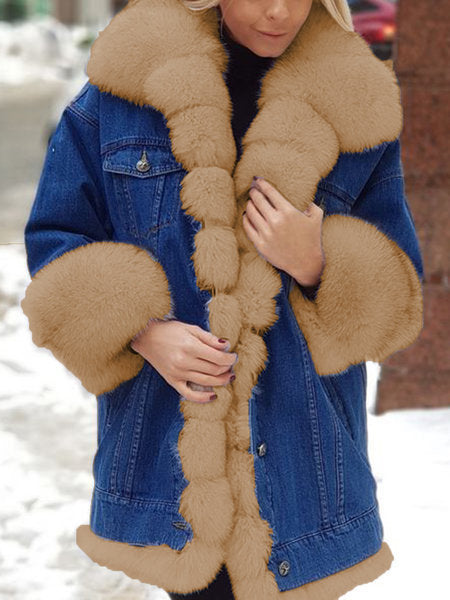 Fur integrated Denim Long sleeve coat Limorista