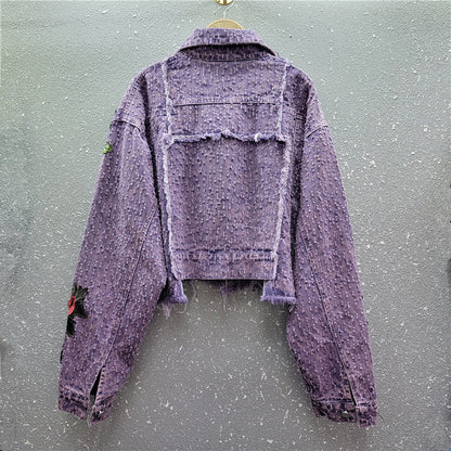 Design Sense Heavy Industry Three-dimensional Flower Short Frayed Hem Casual Denim Coat Limorista
