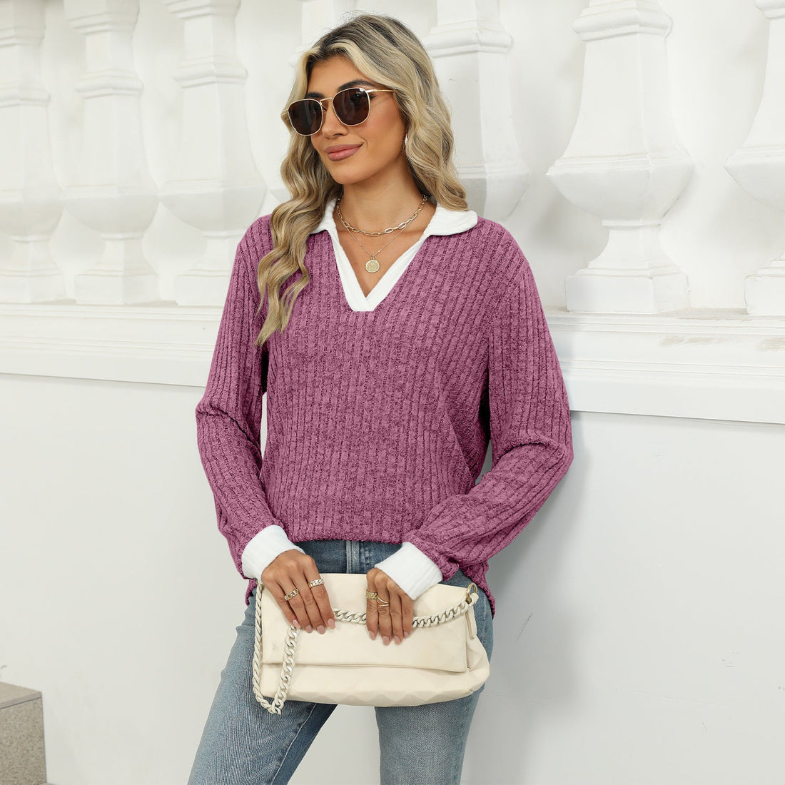 Lapel Long Sleeve Loose-fitting T-shirt Top Women Limorista