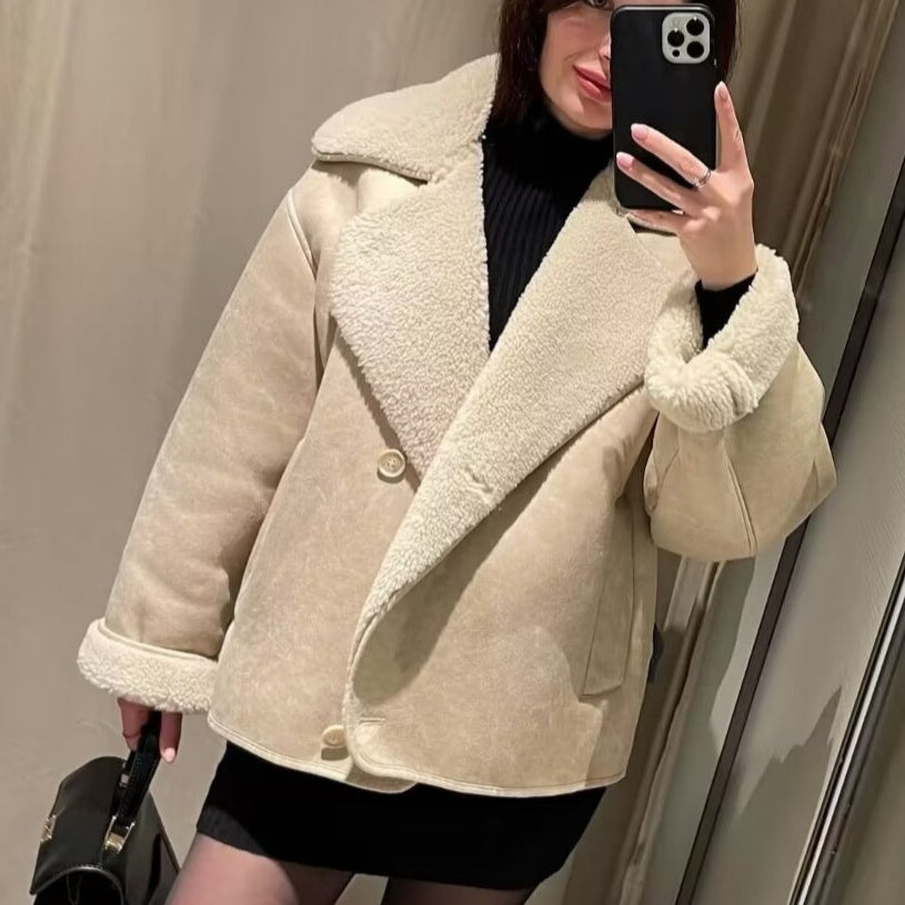 Limorista - Polo Collar Fur Suede Fleece-lined Warm Coat For Women
