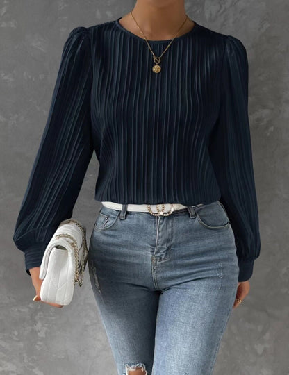 European And American Spring Round Neck Lantern Sleeve Solid Color Unity Long Sleeve Temperament Solid Blouse Limorista