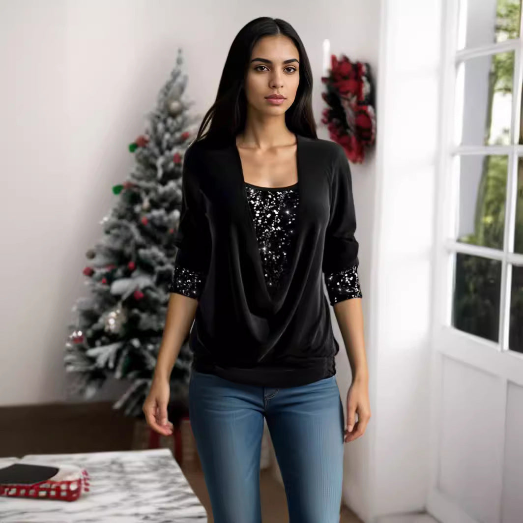Sequin Contrast Solid Color Long Sleeve Women&