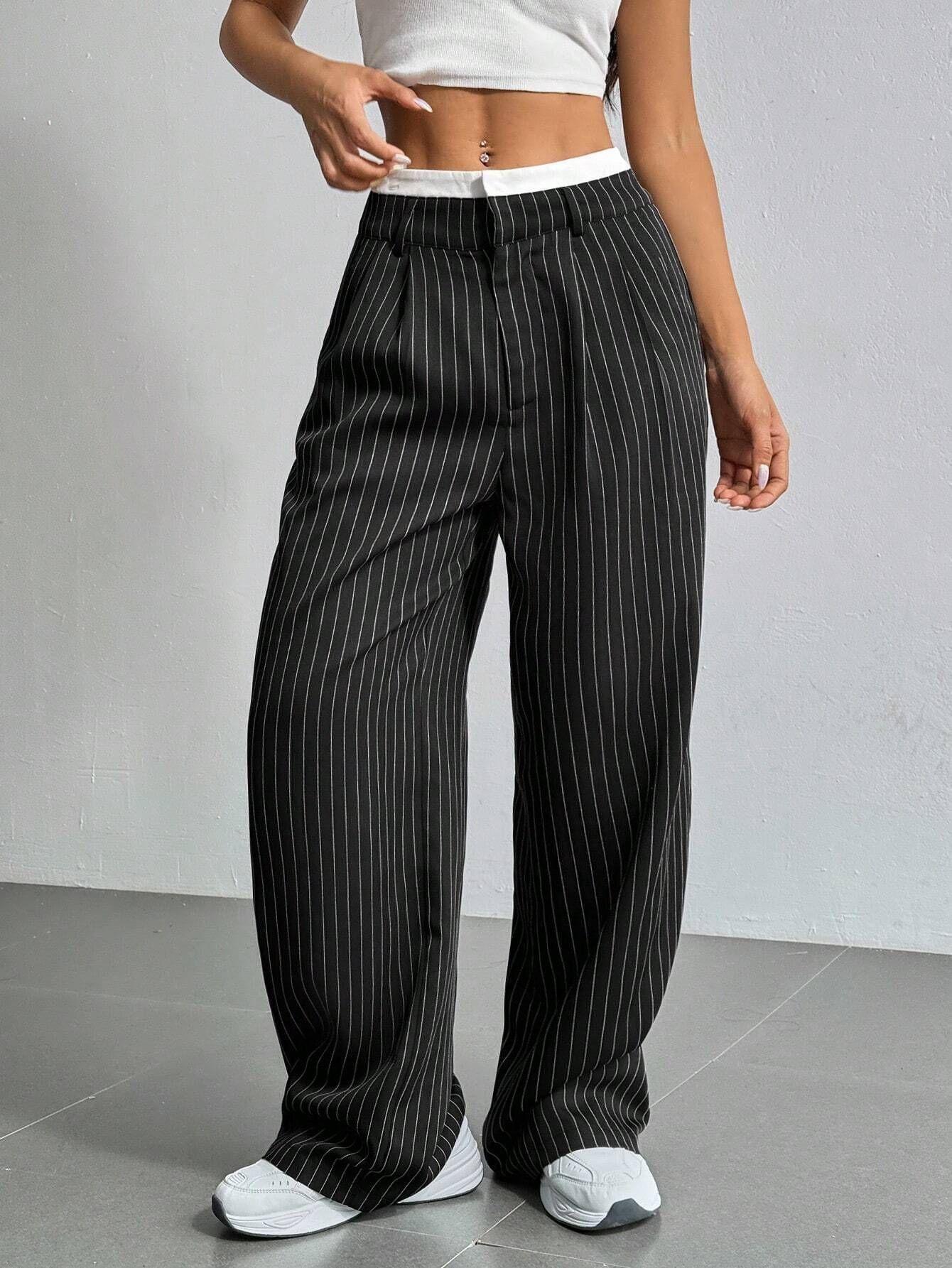 Stripe Printed Trousers Fashion High Waist Straight Leg Pants With Pocket Zipper Casual Suit Pants For Women Limorista