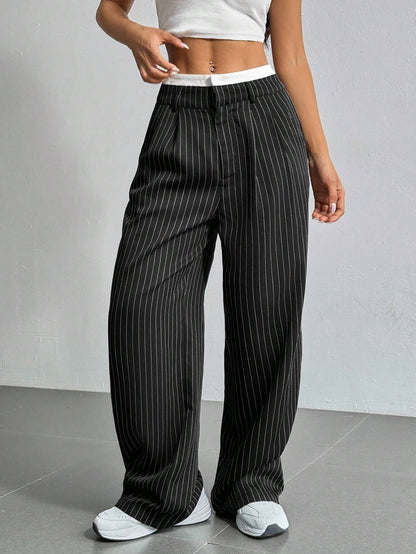 Stripe Printed Trousers Fashion High Waist Straight Leg Pants With Pocket Zipper Casual Suit Pants For Women Limorista