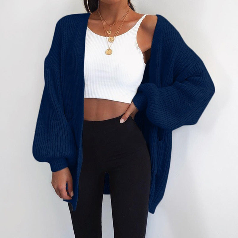 Solid color loose European and American sweater mid-length cardigan Limorista