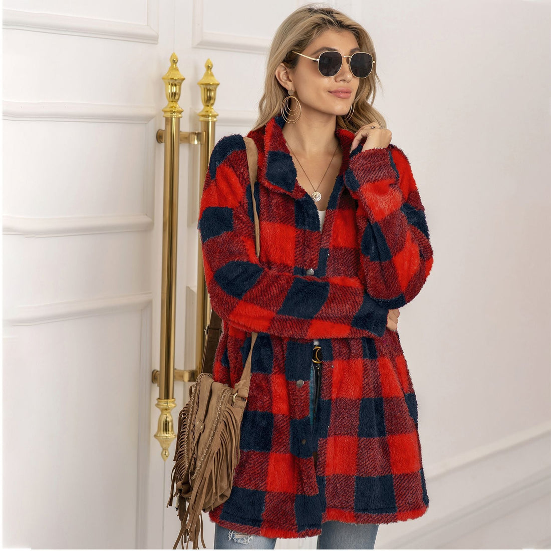 Contrast plaid long coat Limorista