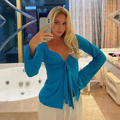 Solid Color Twisted Bell Sleeve Split Midriff-baring Top T-shirt Limorista