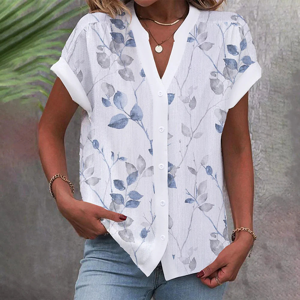 Casual Stand Collar Short Sleeve Regular Cardigan Digital Printing Top Shirt Limorista
