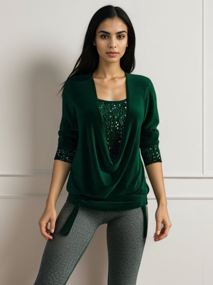 Sequin Contrast Solid Color Long Sleeve Women&