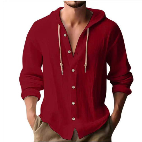 Cotton And Linen Shirt Hooded Sweater Button Long Sleeve Limorista
