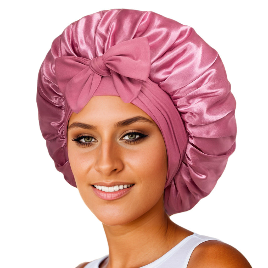 Double-layer Satin Ribbon Round Cap Bow Artificial Silk Beauty Hair Care Wide-brimmed Hat Limorista