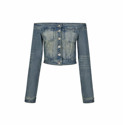 Off-shoulder Denim Long-sleeved Tops Slim-fit Short Version Limorista