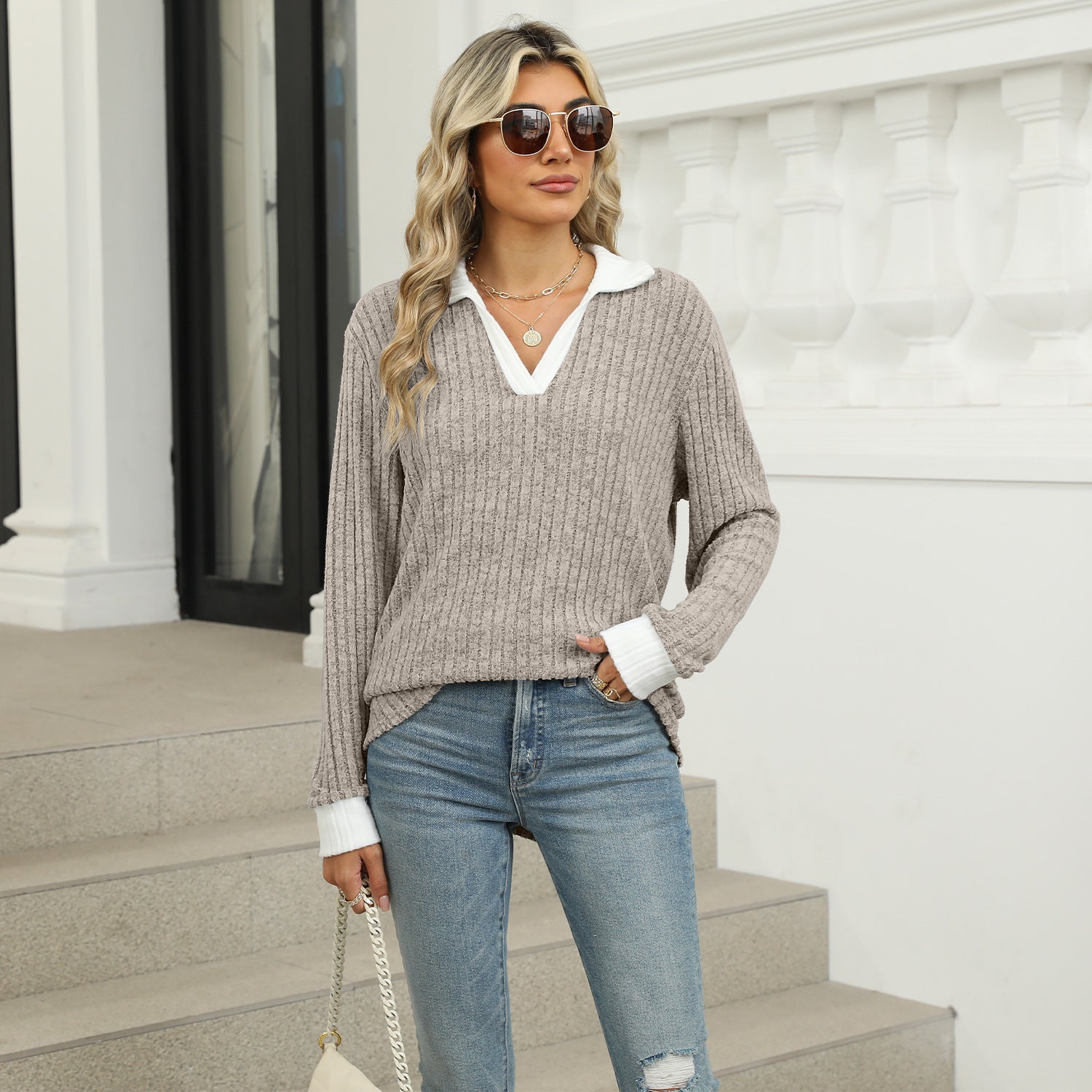 Lapel Long Sleeve Loose-fitting T-shirt Top Women Limorista