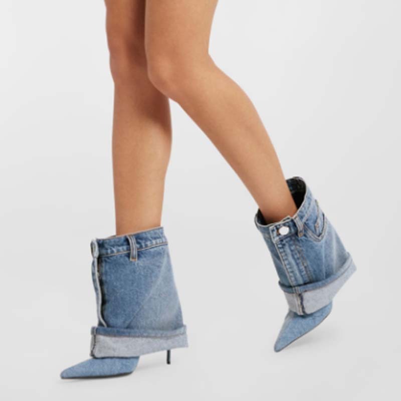Pointed-toe Washed Denim Pantskirt Stiletto Heel Ankle Boots Limorista