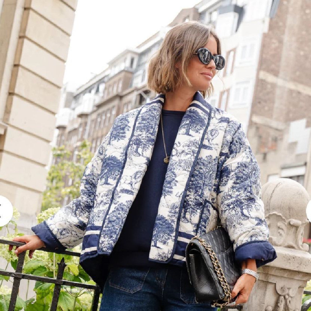 Fashion Vintage Print Color Contrast Short Leisure Warm Cotton Coat Limorista