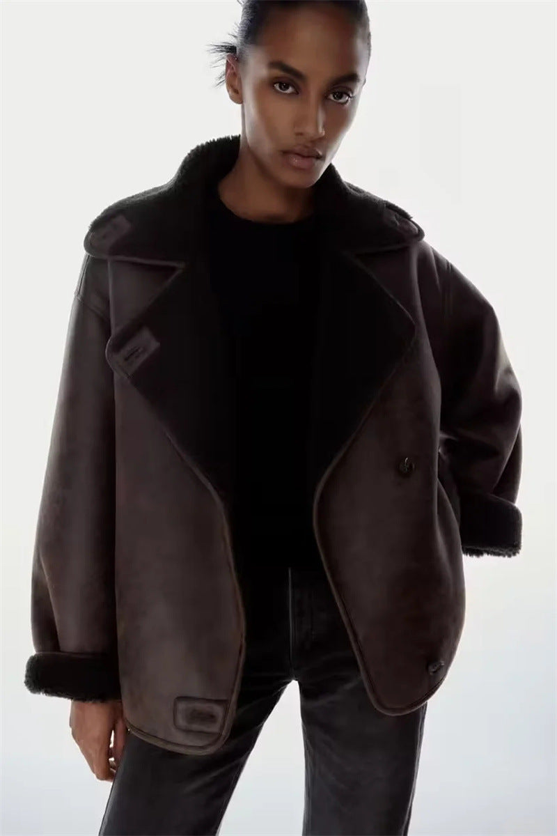 Faux Leather Double-sided Jacket European And American Locomotive Long Breasted Coat Limorista