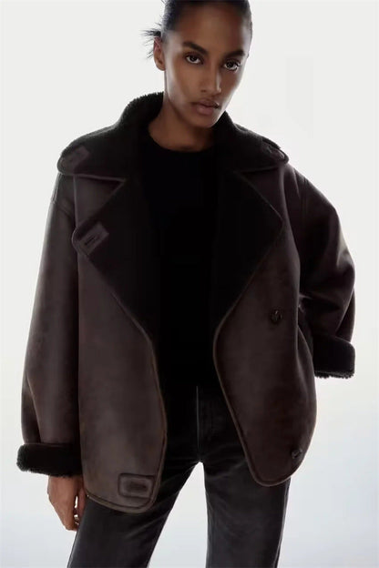 Faux Leather Double-sided Jacket European And American Locomotive Long Breasted Coat Limorista