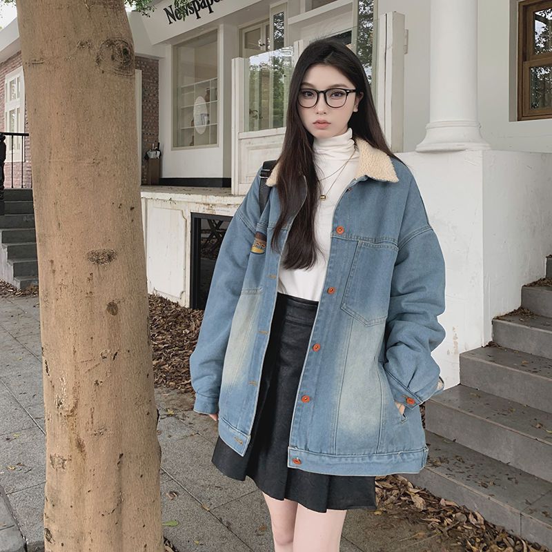 Retro Hong Kong Style Color Block Denim Coat Women&