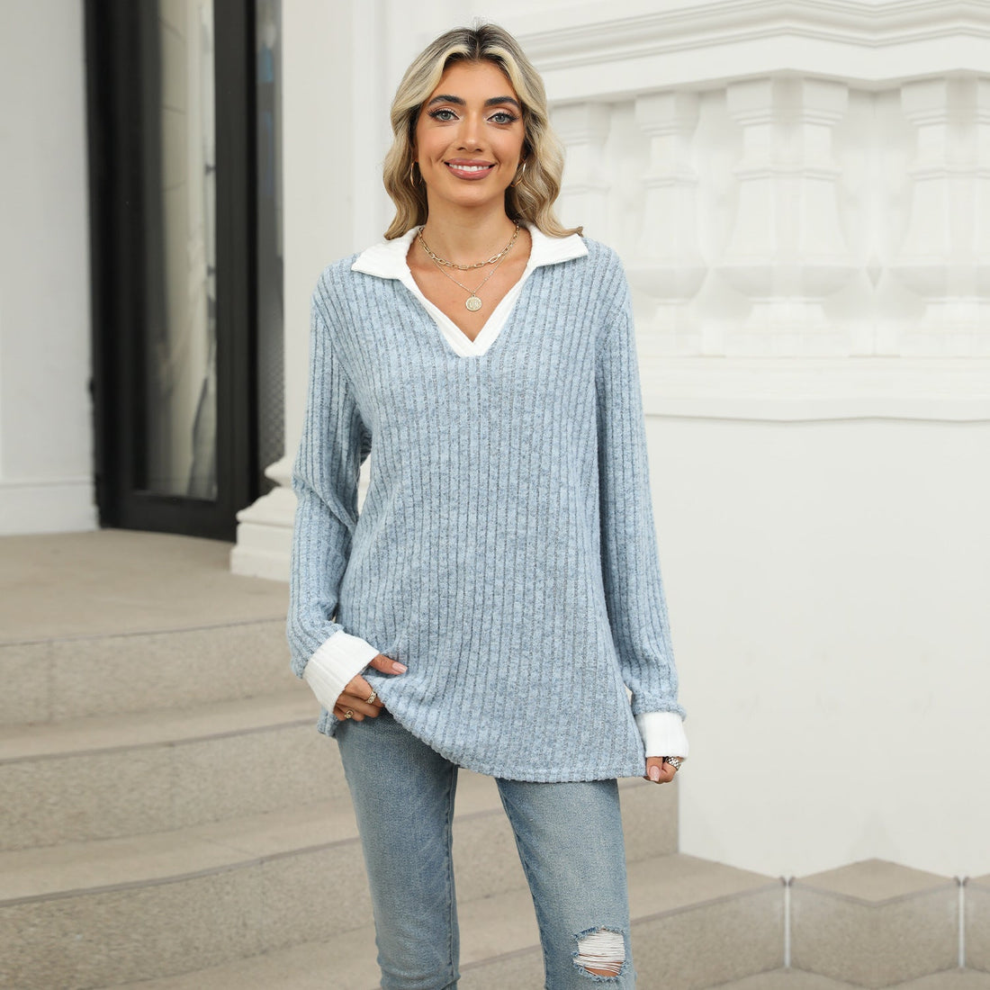 Lapel Long Sleeve Loose-fitting T-shirt Top Women Limorista